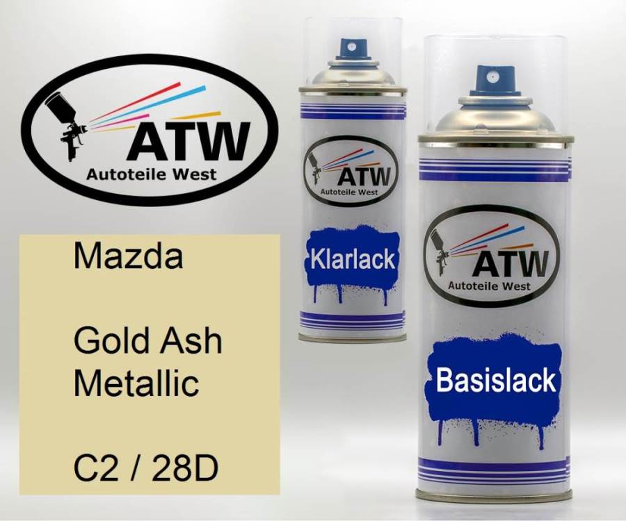 Mazda, Gold Ash Metallic, C2 / 28D: 400ml Sprühdose + 400ml Klarlack - Set, von ATW Autoteile West.